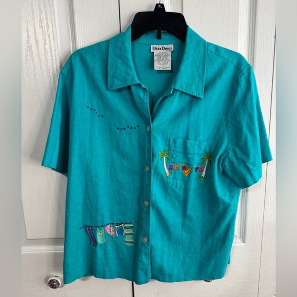 Ultra Dress‎ Linen Blend Blue Summer Beach Embroidered Button Up Women's Size 14